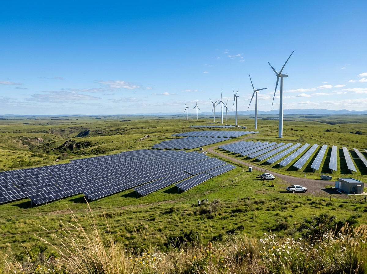 Parque eólico y paneles solares de transición de energía